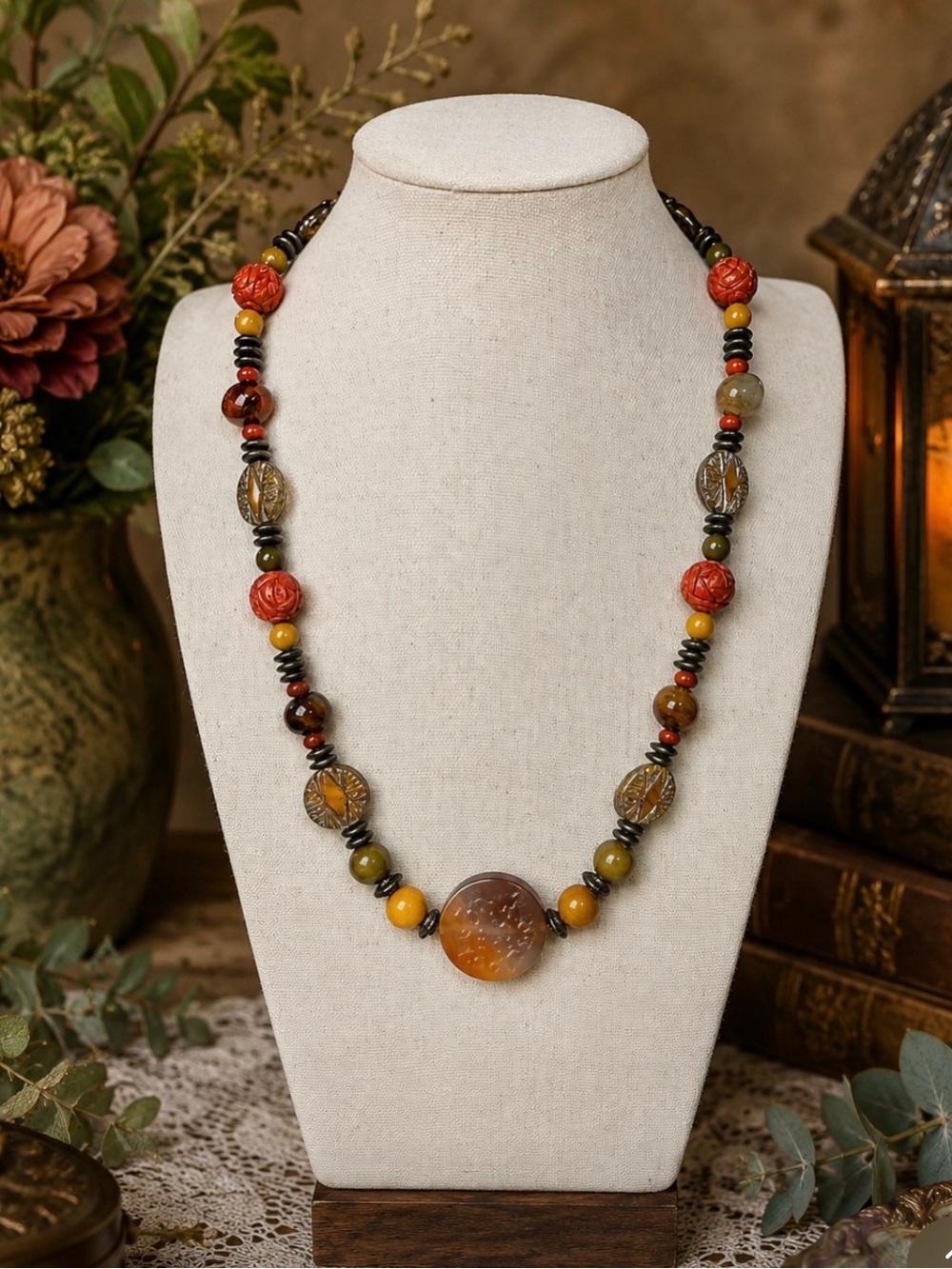 Artisan beauty featuring Cinnabar, Red Jasper, Asian Agate, vintage lucite beads